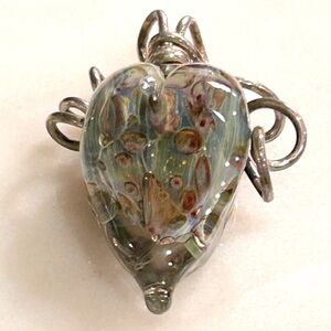 Heart Shaped Glass Blown Pendant Hand Crafted Green Blue Tan